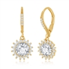 Sterling Silver Round Halo Flower CZ Dangling Earrings - Gold Plated