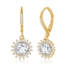 Sterling Silver Round Halo Flower CZ Dangling Earrings - Gold Plated