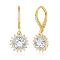Sterling Silver Round Halo Flower CZ Dangling Earrings - Gold Plated