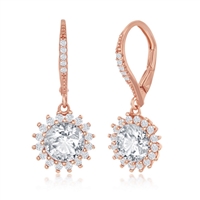 Sterling Silver Round Halo Flower CZ Dangling Earrings - Rose Gold Plated