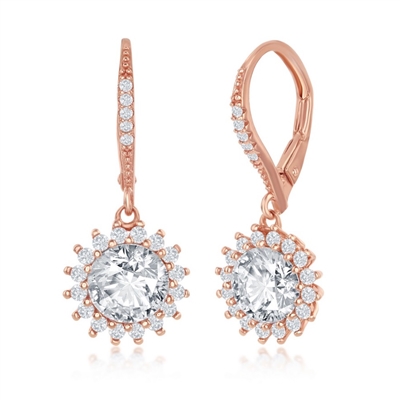 Sterling Silver Round Halo Flower CZ Dangling Earrings - Rose Gold Plated