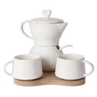 Debora Carlucci White Porcelain Sugar And Creamer - with Espresso Cups Set On Bamboo Tray