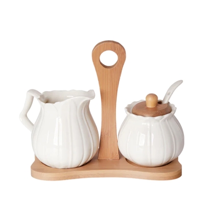 Debora Carlucci White Porcelain Sugar and Creamer Set with Bamboo Tray