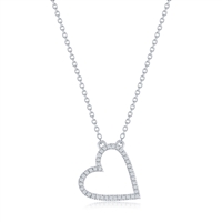 Sterling Silver, Open Heart Diamond Necklace - (40 Stones)