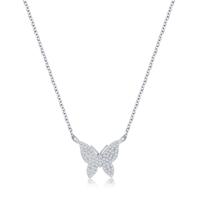 Sterling Silver, Butterfly Diamond Necklace - (75 Stones)
