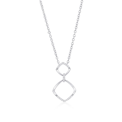 Sterling Silver Double Sqaure Diamond Necklace - (24 Stones)