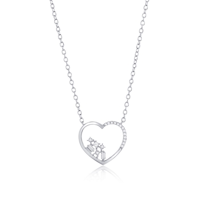 Sterling Silver, Multi-Shaped Diamond Heart Necklace - (19 Stones)