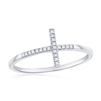 Sterling Silver Sideways Cross Diamond Ring - (21 Stones)