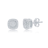 Sterling Silver, Square Halo Diamond Studs - (46 Stones)