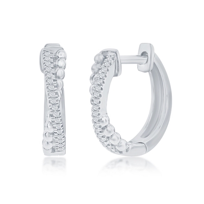 Sterling Silver,15mm 'X' Design Diamond Hoop Earrings - (36 Stones)