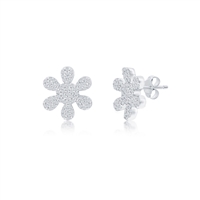 Sterling Silver, Flower Diamond Stud Earrings - (74 Stones)