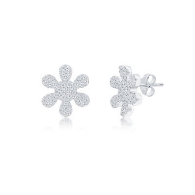 Sterling Silver, Flower Diamond Stud Earrings - (74 Stones)