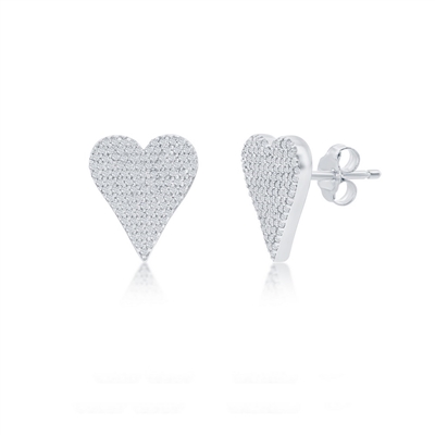 Sterling Silver, Heart Design Diamond Stud Earrings - (118 Stones)