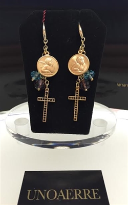 Fashion Jewelry by UNOAERRE 18kt Gold Plated Earrings with Color Stones and Angel Charms