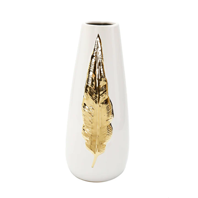 White Ceramic Tall Vase Gold Leaf Design - Large