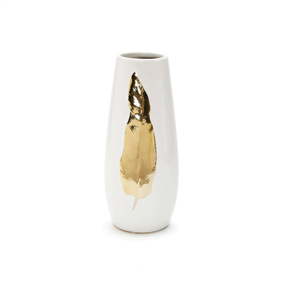 White Ceramic Tall Vase Gold Leaf Design - Medium