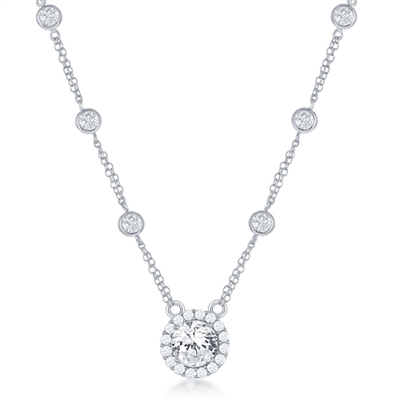 Sterling Silver CZ By The Yard, & center Round CZ Necklace
