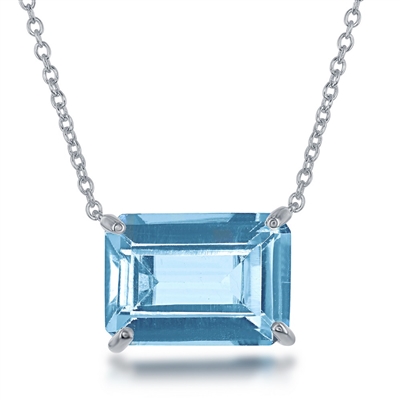 Sterling Silver Rectangle Prong Set Gem Necklace - Blue Topaz