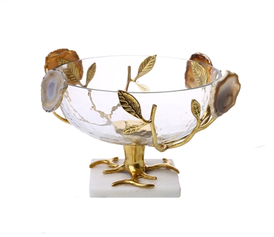 Glass Salad Bowl With Gold Leaf-Agate Stone Design