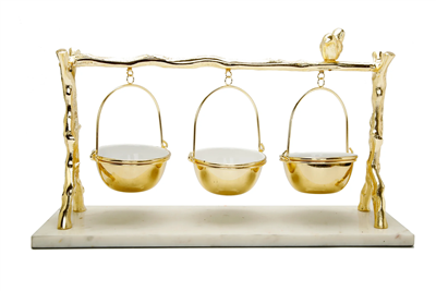 3 Hanging Bowls on Gold Branch and Marble Base