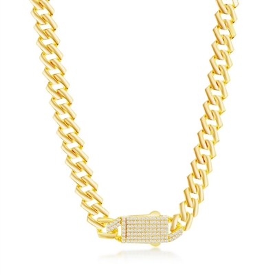 Sterling Silver 9mm Monaco Chain w/Micro Pave CZ Lock - Gold Plated