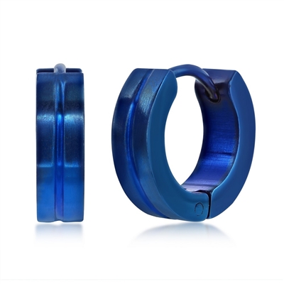 Stainless Steel 13mm Lined Huggie Hoop Earrings - Blue Plated