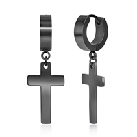 Stainless Steel Cross Charm Polished Huggie Hoop Earrings - Black Plated