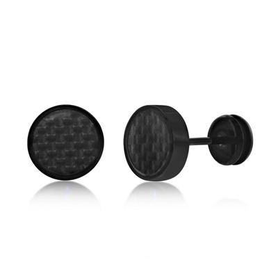 Stainless Steel 10mm Black Carbon Fiber Stud Earrings - Black Plated