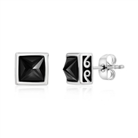 Stainless Steel Black CZ Greek Border Design Square Stud Earrings