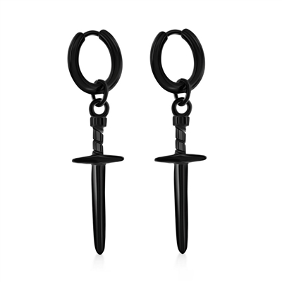 Stainless Steel Sword Charm Huggie Hoop Earrings - Black Plated