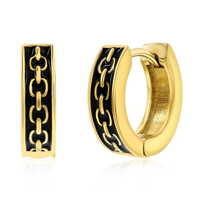 Stainless Steel Oxidized Chain Design Huggie Hoop Earrings - Gold Plated