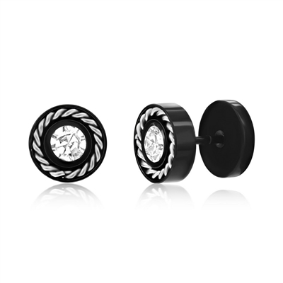 Stainless Steel Rope Design Border CZ Studs - Black Plated