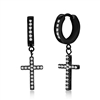 Stainless Steel Cross CZ Charm Huggie Hoop Earrings - Black Plated