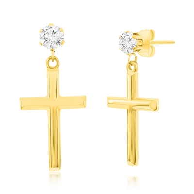 Stainless Steel Polished Cross & CZ Earrings - Gold Plated