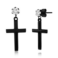 Stainless Steel Polished Cross & CZ Earrings - Black Plated