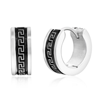 Stainless Steel 13mm Greek Key Hoop Earrings - Black & Silver