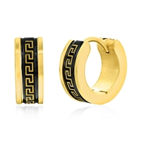 Stainless Steel 13mm Greek Key Hoop Earrings - Black & Gold