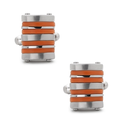 Stainless Steel Orange Rubber Striped Cuff Links