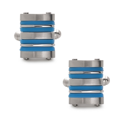 Stainless Steel Blue Rubber Striped Cuff Links