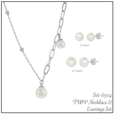 Sterling Silver Paperclip Freshwater Pearl Necklace & Earrings Set