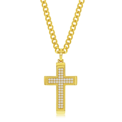 Stainless Steel Polsihed CZ Cross Necklace - Gold Plated