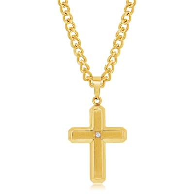 Stainess Steel Brushed & Polished w/ Single CZ Cross Necklace