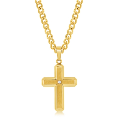 Stainess Steel Brushed & Polished w/ Single CZ Cross Necklace