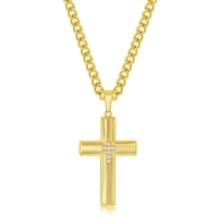 Stainless Steel & CZ Cross Necklace - Gold Plated