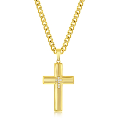 Stainless Steel & CZ Cross Necklace - Gold Plated