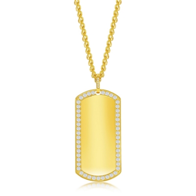 Stainless Steel CZ Dog Tag ID Necklace - Gold Plated