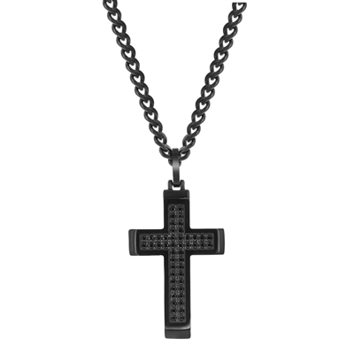 Stainless Steel Black CZ Encrusted Cross Necklace