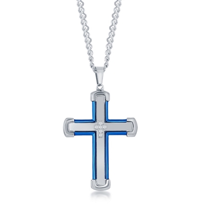 Stainless Steel Blue & Silver CZ Cross Necklace