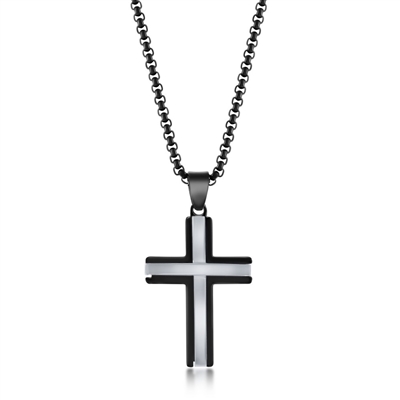 Stainless Steel Black & Silver Polished Cross Necklace