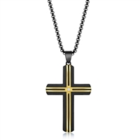 Stainless Steel Black & Gold Lined Single CZ Cross Necklace